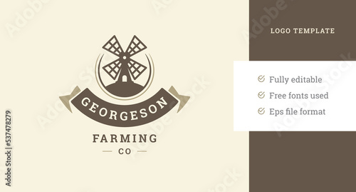 Agricultural windmill with festive ribbon vintage logo template design vector illustration