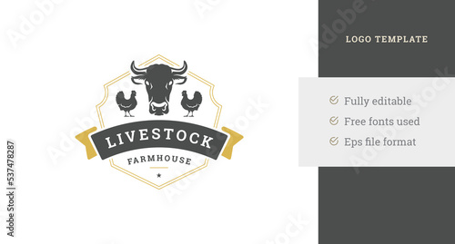 Farm market premium logo design template heraldic shield and festive ribbon vector illustration photo