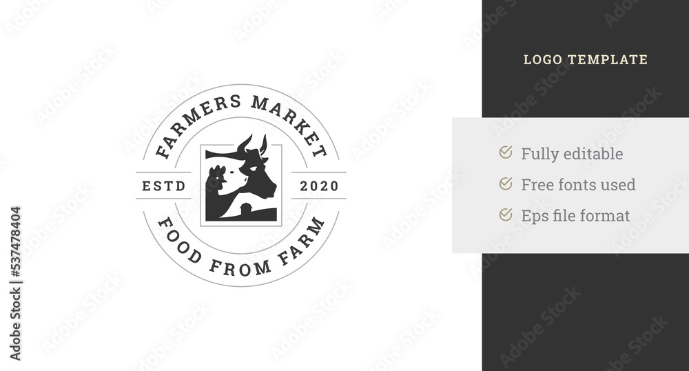 Fototapeta premium Vintage circle livestock local farm market minimalist logo template design vector illustration