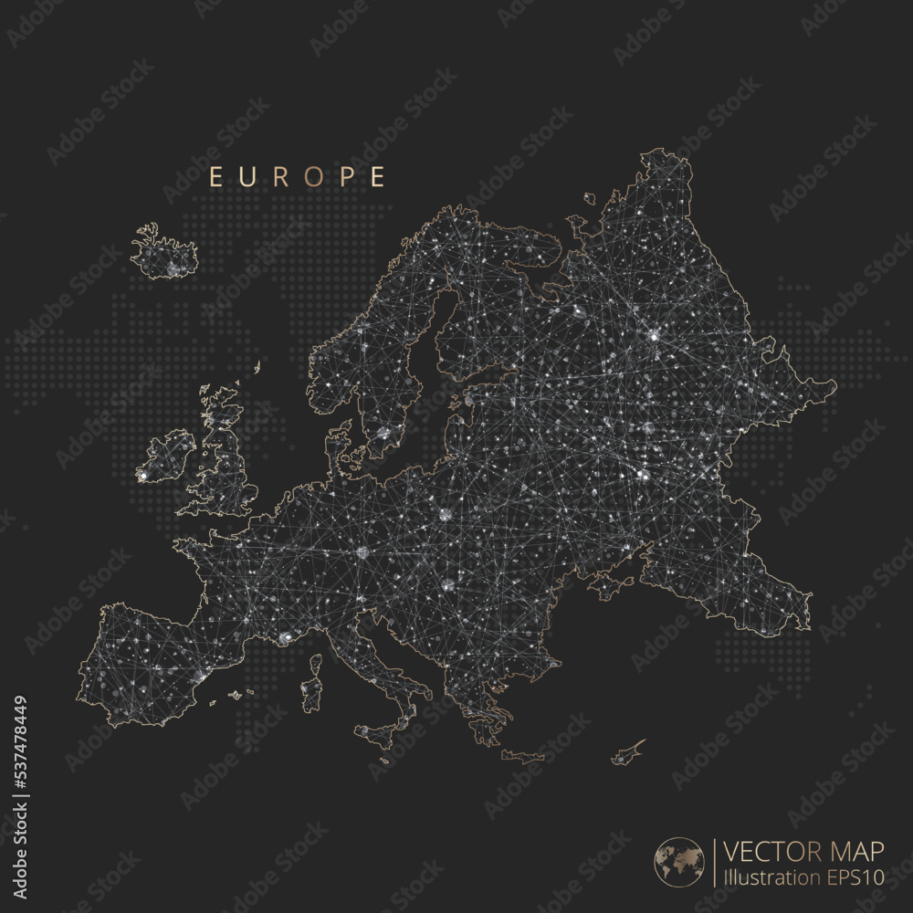Obraz premium Europe Continent map abstract geometric mesh polygonal light concept with black and white glowing contour lines countries and dots on dark background. Vector illustration eps10