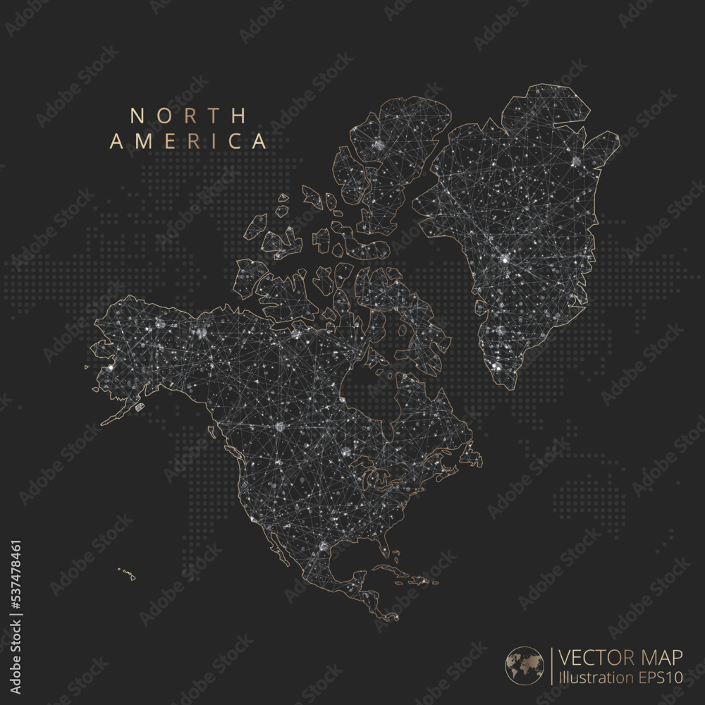 North America Continent map abstract geometric mesh polygonal light concept with black and white glowing contour lines countries and dots on dark background. Vector illustration eps10