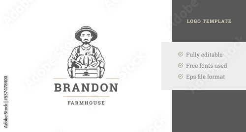 Smiling male agricultural worker vegetables harvest vintage farm market logo design template vector