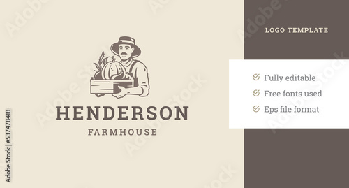 Smiling farmer man crate harvest organic vegetables farmhouse vintage logo template design vector