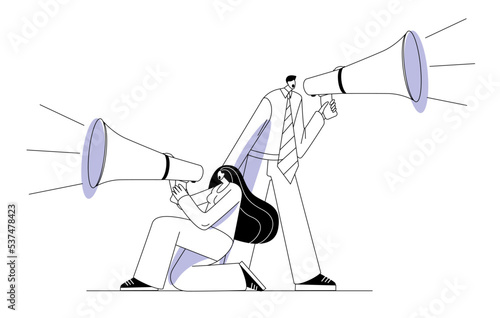 A man and a woman are shouting through megaphones. Vector illustration in outline style on the topic of attracting attention and recruiting.