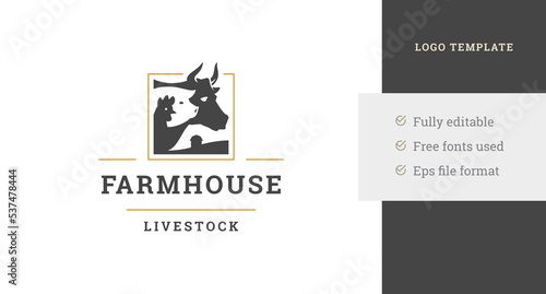 Farmhouse livestock agriculture organic product logo design template rooster pig and cow vector
