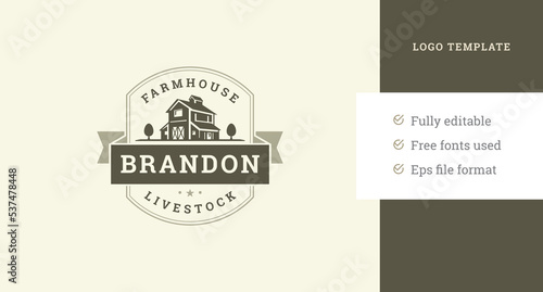 Farmhouse heraldic shield with decorative ribbon vintage logo design template vector illustration