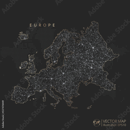 Europe Continent map abstract geometric mesh polygonal light concept with black and white glowing contour lines countries and dots on dark background. Vector illustration eps10