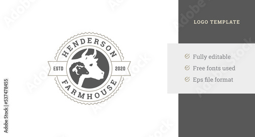 Circle ragged farm local market logo design template cow and sheep head livestock production vector