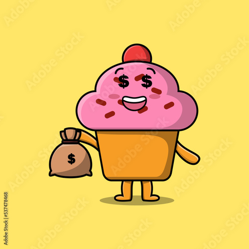 Cute cartoon Crazy rich Cupcake with money bag shaped funny in modern design illustration