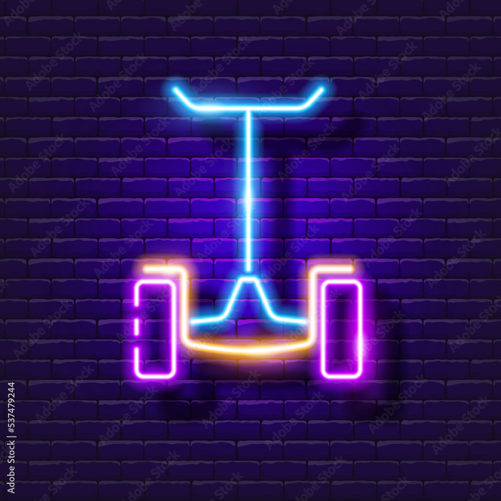 Gyroscooter neon sign. The concept of electric urban transport. Gyroscooter neon sign. The concept of electric urban transport.