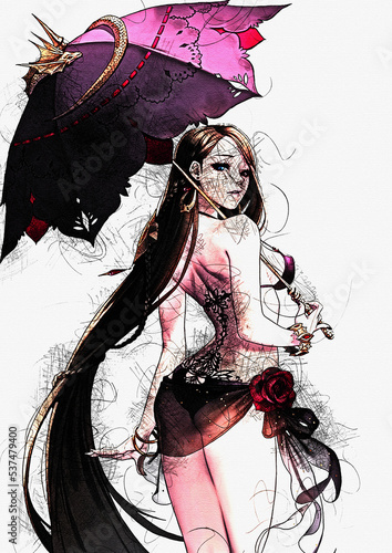 CUTE GIRL ANIME WITH UMBRELLA ILLUSTRATION SKETCH POSTER IMAGE
