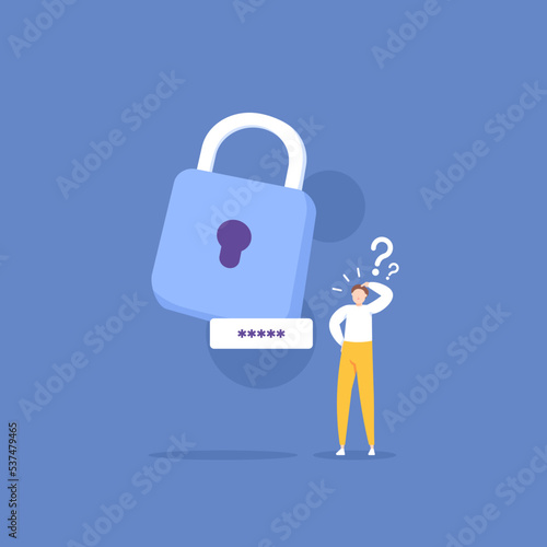 forgot security code. forgot the password. account security system. user problem. a user or businessman is confused because he doesn't remember the key used to open the lock. illustration concept 