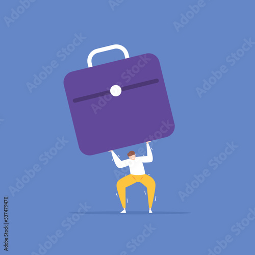 pressure and workload. the workload is too heavy. a worker or businessman holds or tries to lift a giant briefcase. job challenges and responsibilities. problem. illustration concept design