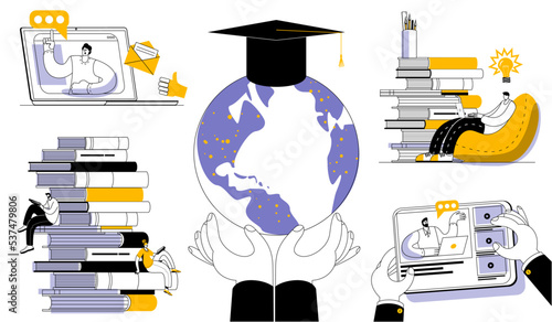 A man is sitting in a bag chair with a laptop among textbooks, listening to a lecture on his computer screen. A set of vector illustrations on the topic of online education.