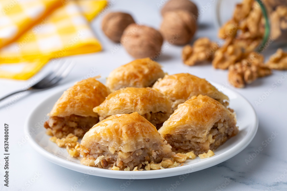Traditional Turkish dessert; Handmade walnut baklava. Turkish name; cevizli baklava Traditional Turkish dessert; Handmade walnut baklava. Turkish name; cevizli baklava