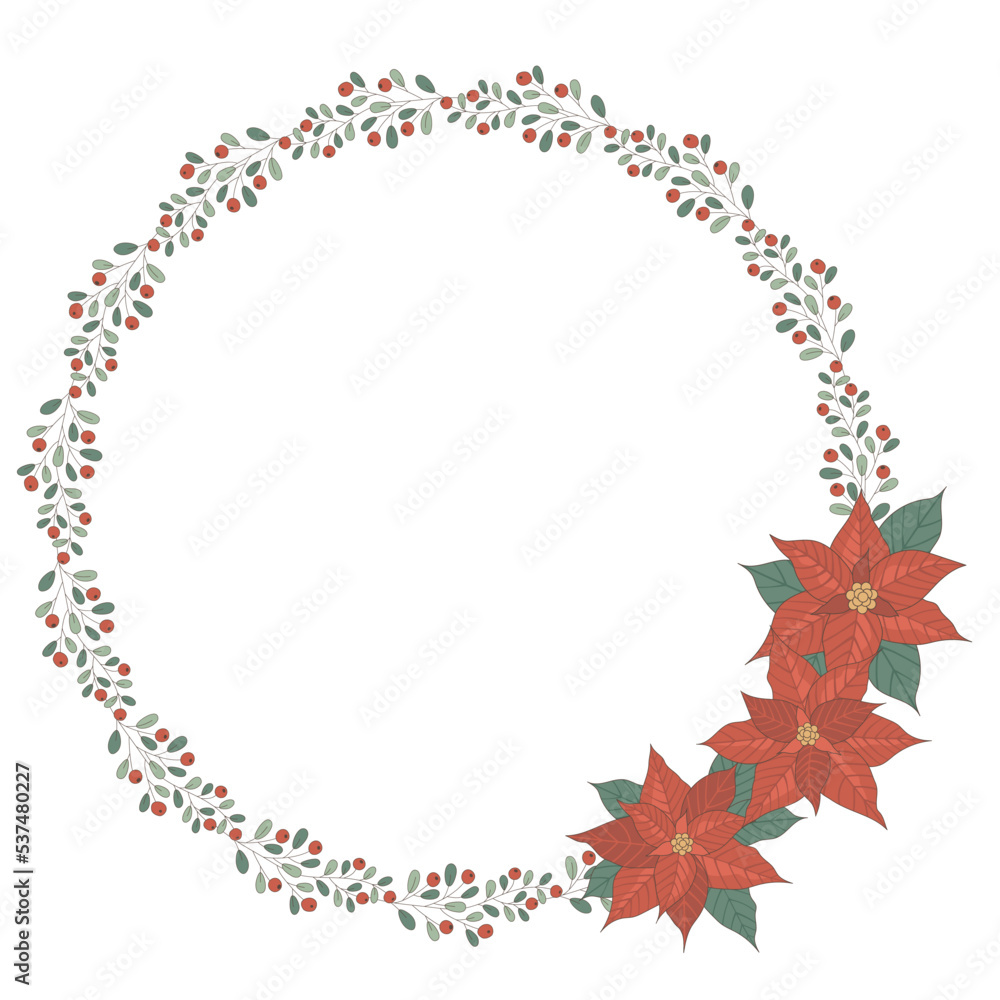 Round wreath with poinsettia flowers, leaves and berries