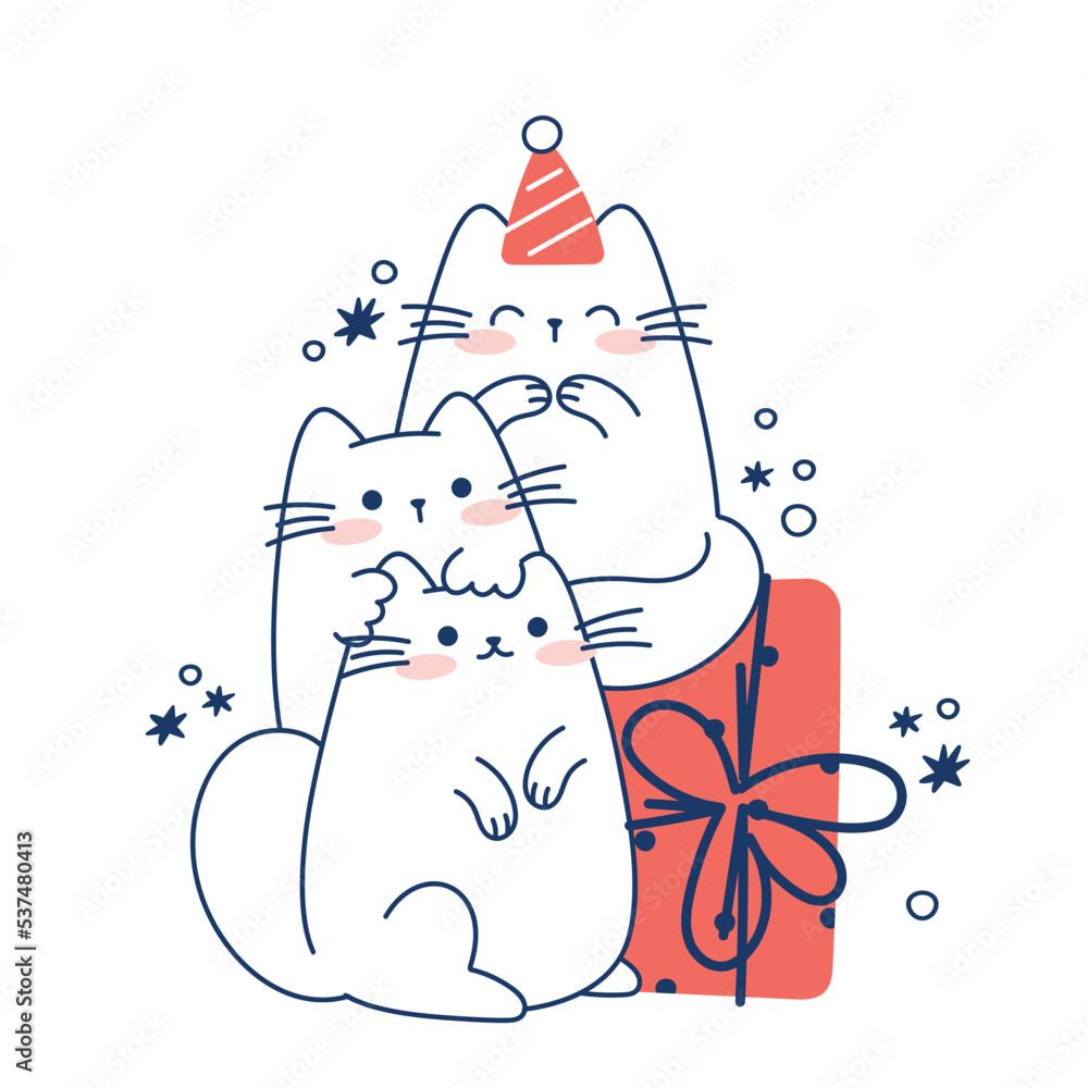 Draw funny cats with gift box for christmas and winter vector illustration  character collection funny cat for Christmas and New year. Doodle cartoon  style. Stock Vector | Adobe Stock