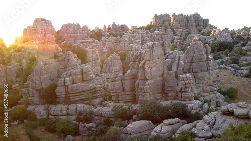 Karst landscape in the Torcal de Antequera, Malaga, Andalusia, Spain, during sunset. Curious and beautiful rock formations.