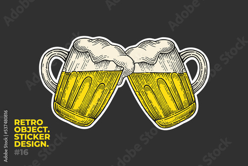 Sticker with two mugs of foaming beer in engraving style. Beer festival symbol on a dark isolated background. Vintage vector illustration.
