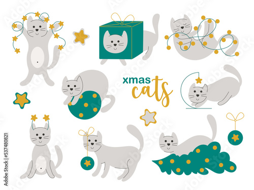 Christmas stories with cat vector illustration. Funny cute pet with gift box  christmas tree  garland and stars. Hand drawn holiday decoration collection with cats
