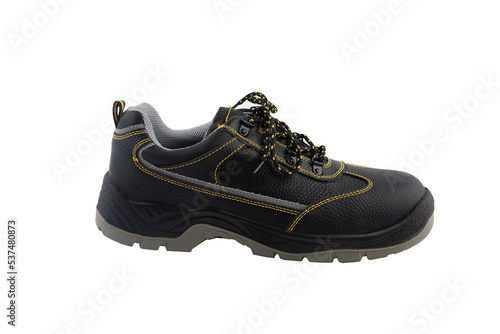 Safety shoes isolated on white background. New safety shoes. Standard construction safety.