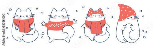 Draw funny cats for christmas and winter vector illustration character collection funny cats for Christmas and New year. Doodle cartoon style.