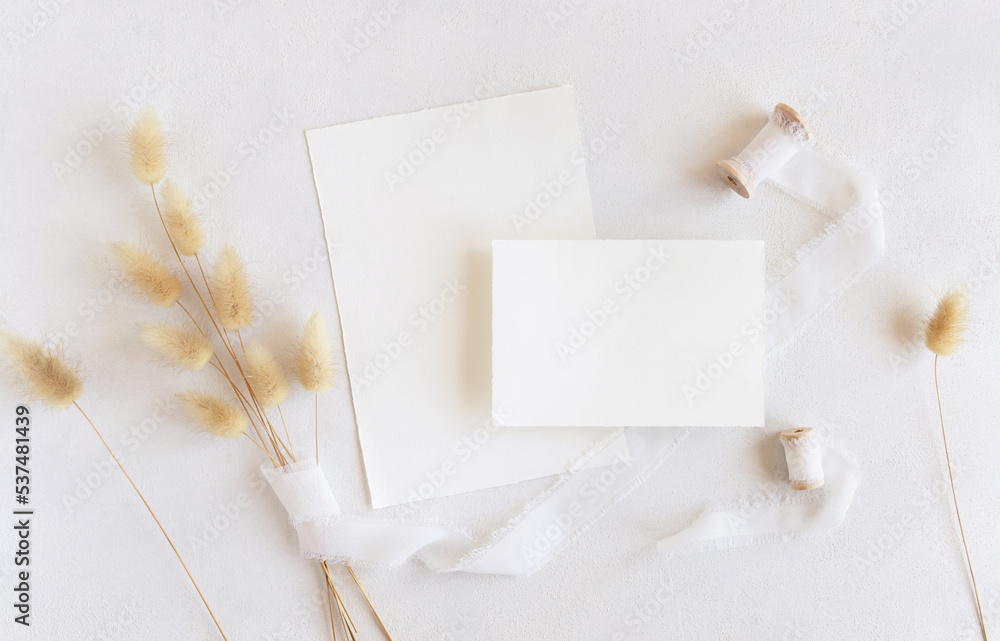 Blank cards near silk ribbons and dried hare's tail grass top view on white, boho mockup Blank cards near silk ribbons and dried hare's tail grass top view on white, boho mockup