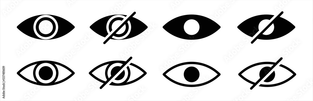 Eye icon set. See and unsee eye icon. Look and Vision icons. Eyesight symbol. Retina scan eye signs. Visibility, secure, privacy button vector illustration. Eye icon set. See and unsee eye icon. Look and Vision icons. Eyesight symbol. Retina scan eye signs. Visibility, secure, privacy button vector illustration.