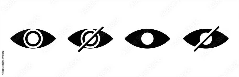 Eye icon set. See and unsee eye icon. Look and Vision icons. Eyesight symbol. Retina scan eye signs. Visibility, secure, privacy button vector illustration. Eye icon set. See and unsee eye icon. Look and Vision icons. Eyesight symbol. Retina scan eye signs. Visibility, secure, privacy button vector illustration.