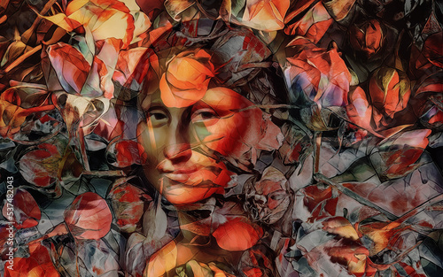 Foto reproduction of Mona Lisa by Leonardo da Vinci in rose petals.