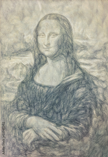 reproduction of Mona Lisa by Leonardo da Vinci and drawing effect. photo
