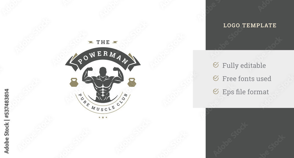Fototapeta premium Premium fitness club vintage logo design template male muscular bodybuilder place for text vector