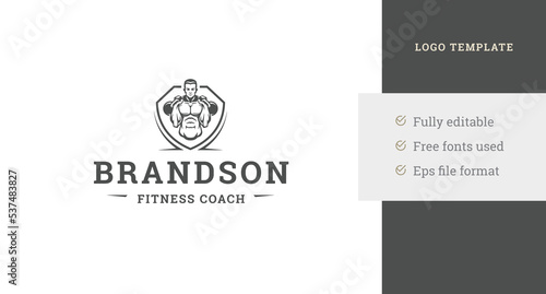 Portrait strong athletic man weight powerlifting gym club vintage logo design template vector