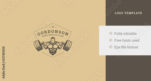 Athletic man training heavy metal barbell vintage premium fitness club logo design template vector