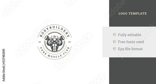 Monochrome muscular horned bull crown training dumbbells fitness center logo design template vector