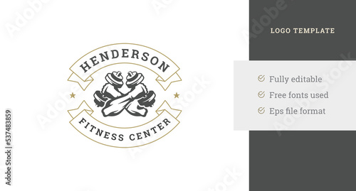 Strong crossed male hands training with dumbbells fitness club vintage logo design template vector