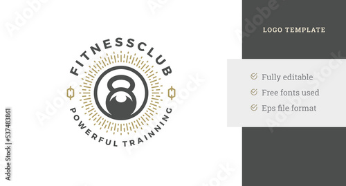 Gym club vintage circle logo design template heavy weight dumbbell sports training equipment vector