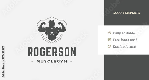 Monochrome biceps muscular male silhouette vintage logo design template geometric shield vector