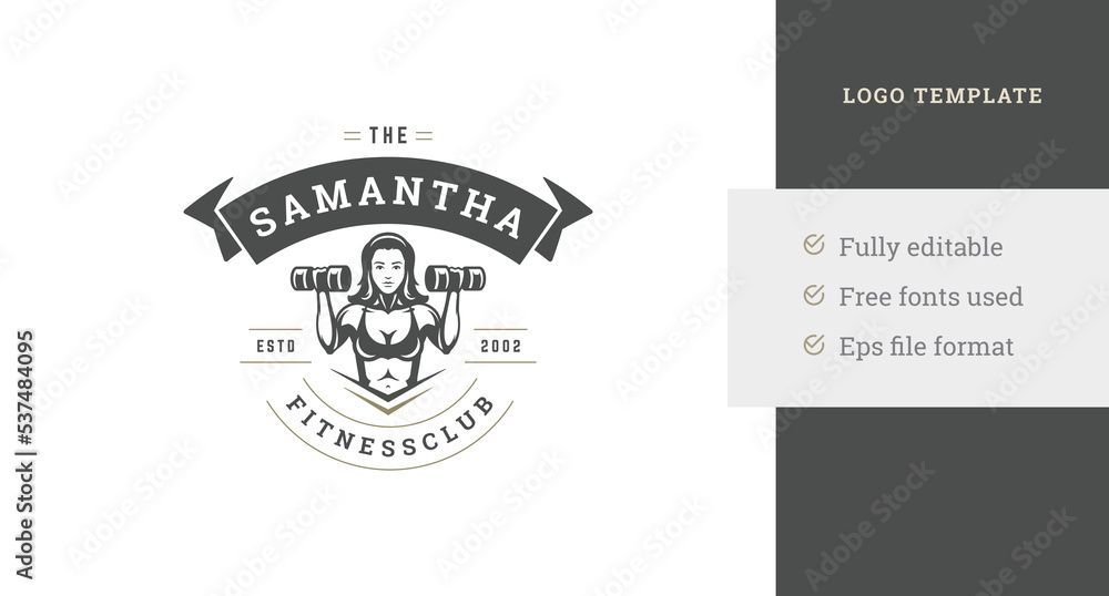 Athletic muscular woman training dumbbells fitness club logo design template vector illustration Athletic muscular woman training dumbbells fitness club logo design template vector illustration