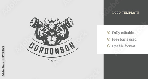 Monochrome muscular horned bull crown training dumbbells fitness center logo design template vector