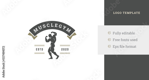 Athletic bodybuilder man performing biceps muscle fitness center vintage logo design template vector