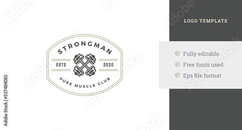 Fitness center vintage logo design template crossed dumbbells heavy metallic equipment vector