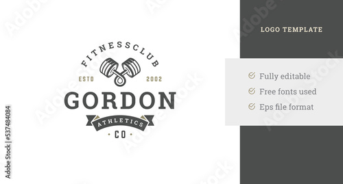 Twisted dumbbell monochrome silhouette fitness club vintage decorative logo design template vector
