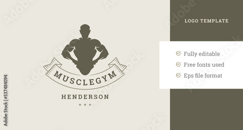Muscular male torso silhouette gym club logo design template decorative ribbon vector illustration