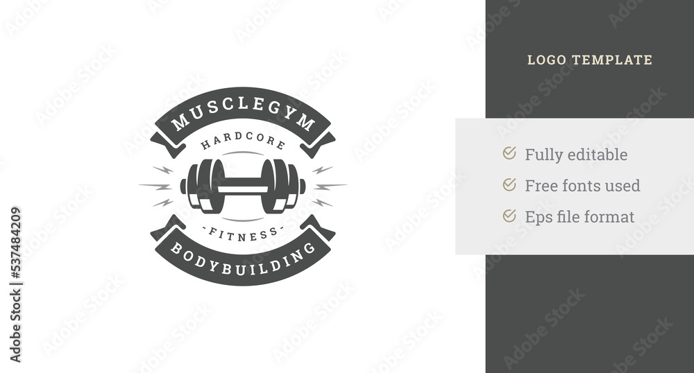 Metallic heavy dumbbell with lightning and ribbon fitness club vintage logo design template vector
