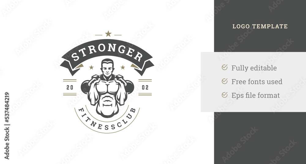 Portrait strong athletic man weight powerlifting gym club vintage logo design template vector