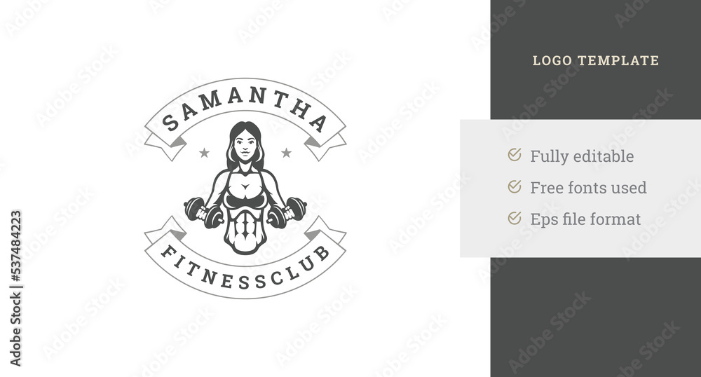 Fototapeta premium Smiling abs biceps muscular woman training body with dumbbells vintage logo design template vector