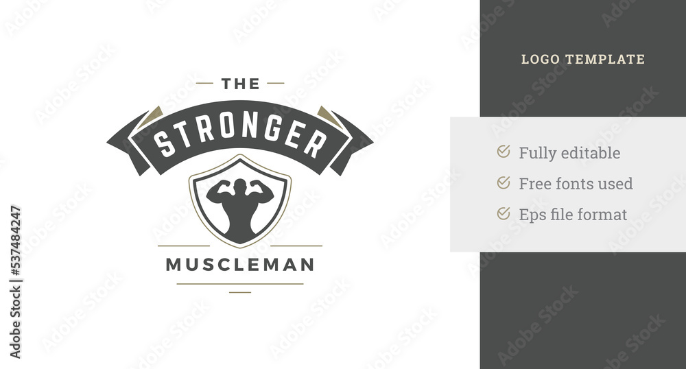 Strong man muscle biceps in heraldic shield decor ribbon fitness center logo design template vector Strong man muscle biceps in heraldic shield decor ribbon fitness center logo design template vector