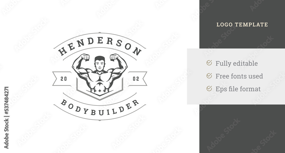 Strong muscular man performing biceps fitness club retro logo design template vector illustration