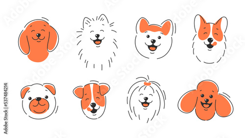 Set of dog faces of different breeds. Corgi, Akita, spitz , Dachshund, Poodle, Terrier, Pug. Happy dog face with tongue hanging out, with open and closed mouth. Vector illustration